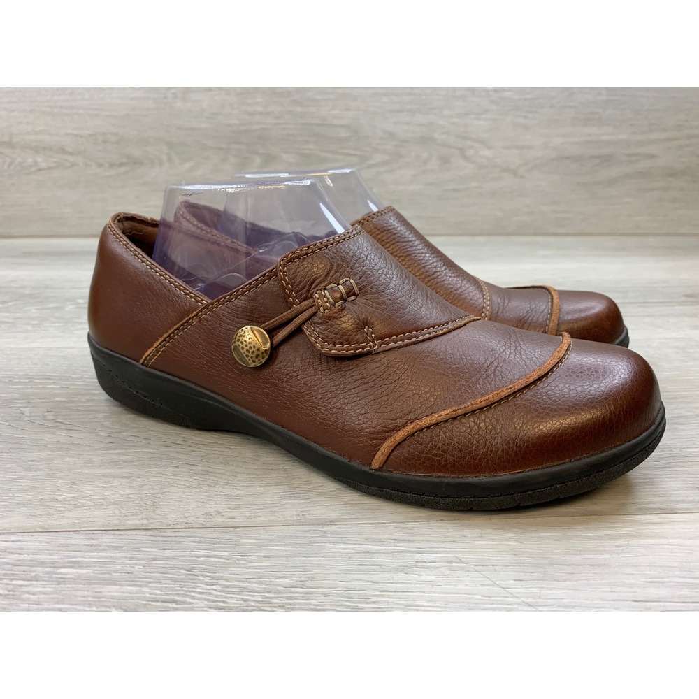 Clarks Collection Brown Leather Cushion Soft Slip On Loafers Shoes Women's 10